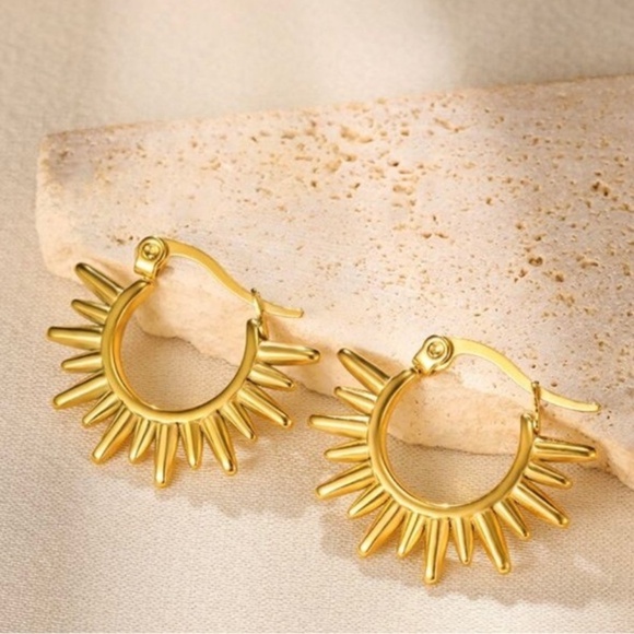 Gold Plated Stainless Steel Spiked Hoop Earrings - Picture 1 of 3